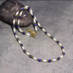 Stainless Steel Natural Shell & Lapis Lazuli Beaded Necklace Boho Chic , NWT